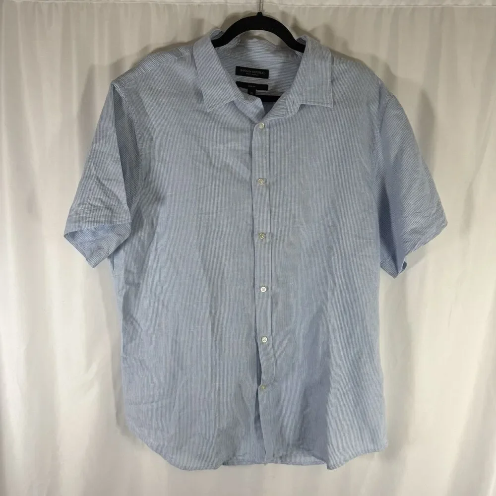 Banana Republic Linen Blend Shirt Men's XL Blue Striped Button Up Short Sleeve